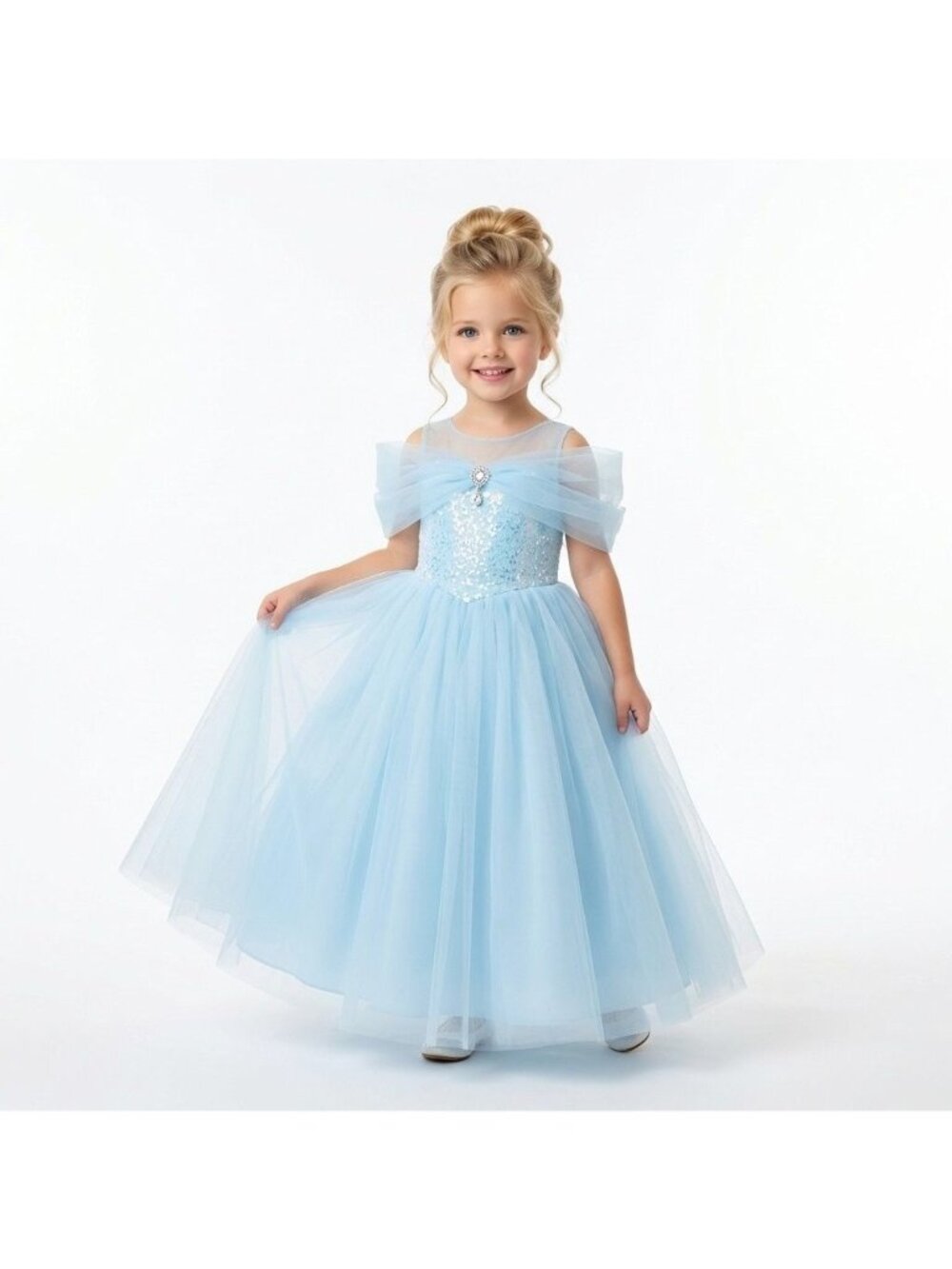 Girls Cinderella Princess Costume Dress Ice Blue Sequin Tulle Birthday Party